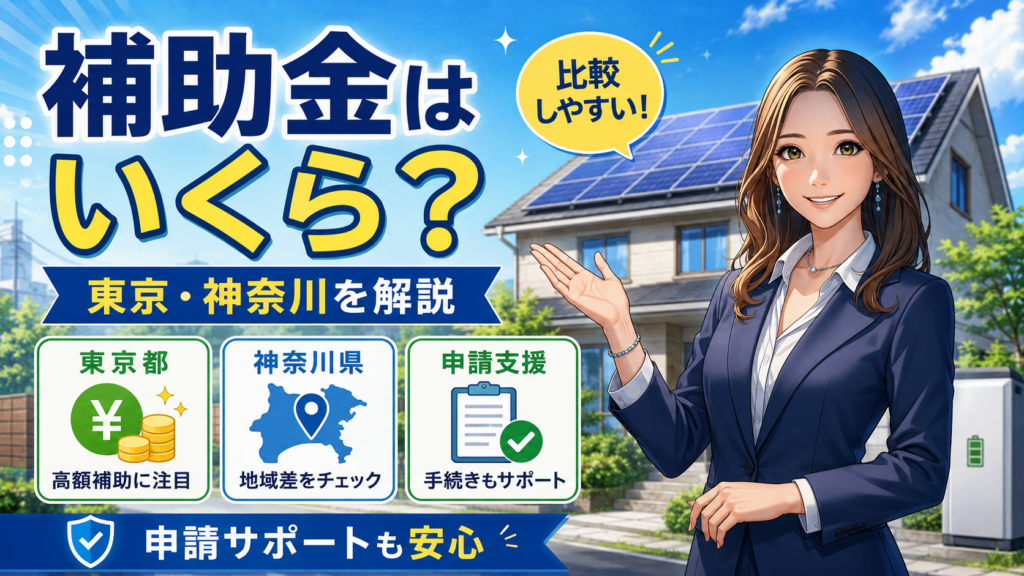 東京ガスの太陽光発電・蓄電池の補助金サポートを森川さんが解説する画像。東京都と神奈川県の補助金額、地域差、申請支援のポイントを太陽光パネル付き住宅と蓄電池を背景にわかりやすく示したインフォグラフィック