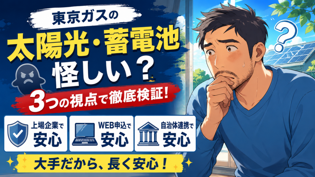 東京ガスの太陽光発電・蓄電池は怪しいのかを、悩む男性と太陽光パネル付き住宅を背景に、上場企業・WEB申込・自治体連携の3つの視点で安心材料を示し徹底検証するインフォグラフィック