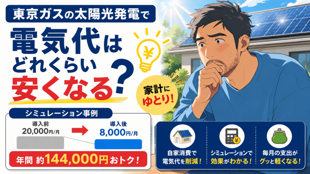 東京ガスの太陽光発電で電気代がどれくらい安くなるかを示す画像。悩む佐藤さんと太陽光パネル付き住宅を背景に、導入前後の電気代比較と年間削減額のシミュレーションをわかりやすく解説したインフォグラフィック