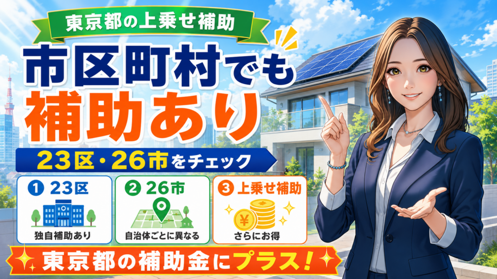 森川さんが東京都内23区・26市の市区町村補助金を解説する画像。東京都補助金に独自補助を上乗せできる可能性を示している。