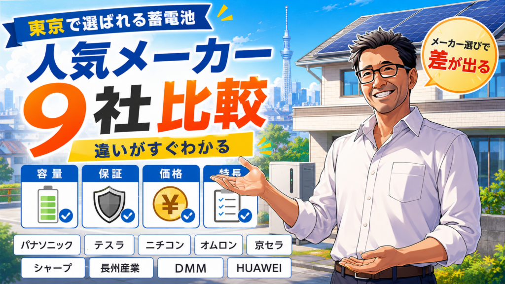 東京都で人気の蓄電池メーカー9社を比較する画像。松本さんが容量、保証、価格、寿命の違いを示し、メーカー選びの重要性を案内している。