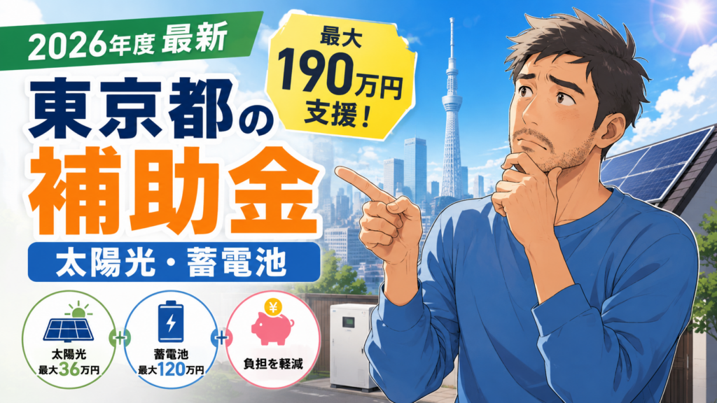 佐藤さんが東京都の太陽光・蓄電池補助金を確認している画像。最大190万円支援や太陽光最大36万円、蓄電池最大120万円を示している。