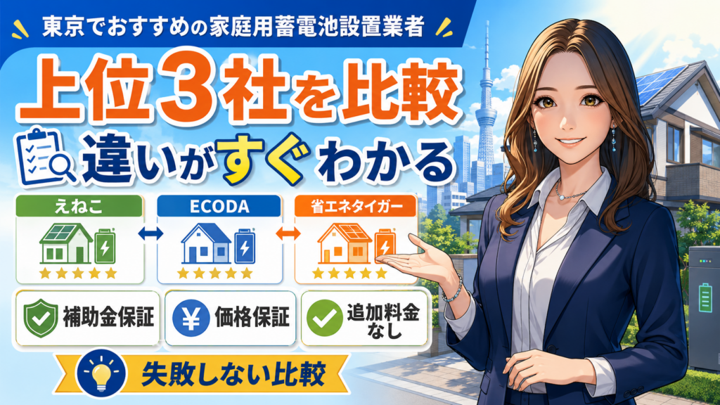 東京都の家庭用蓄電池設置業者の上位3社を比較する画像。森川さんが、えねこ・ECODA・省エネタイガーの違いを案内している。