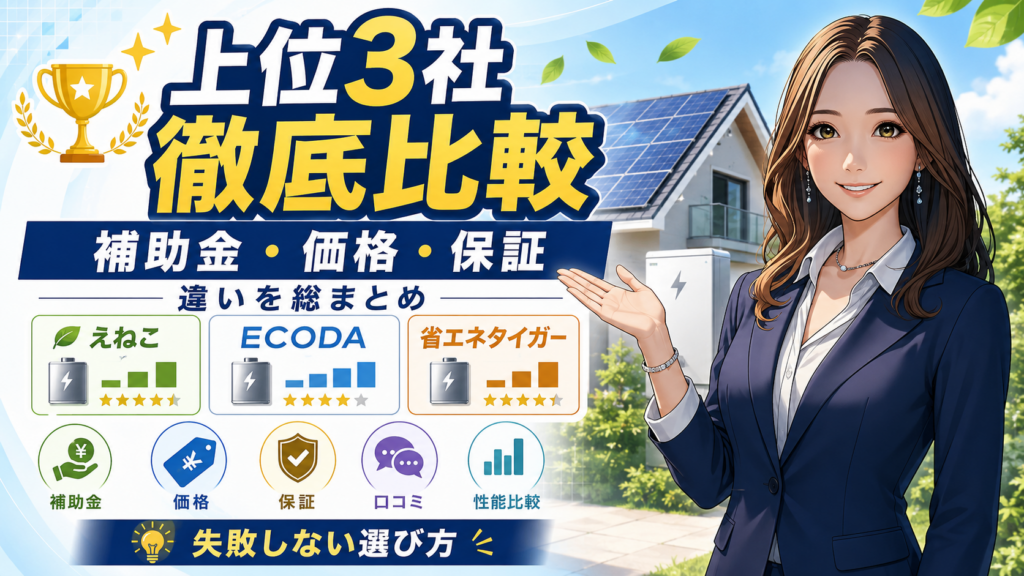 森川さんが蓄電池の上位3社を徹底比較し、えねこ・ECODA・省エネタイガーの補助金、価格、保証、口コミの違いを解説する画像