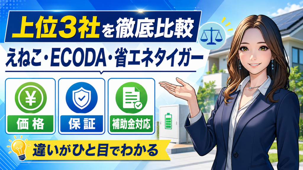 森川さんがえねこ・ECODA・省エネタイガーの上位3社を比較し、価格・保証・補助金対応の違いを示す画像