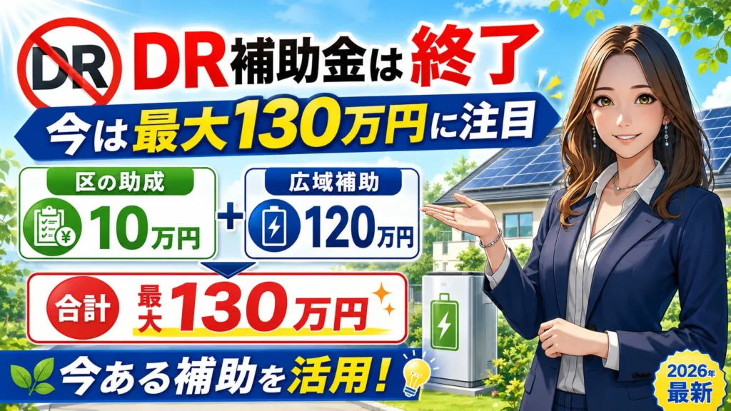 文京区の蓄電池補助金を案内する画像。森川さんが国のDR補助金終了と、今は区の助成10万円と広域補助120万円で最大130万円と紹介している