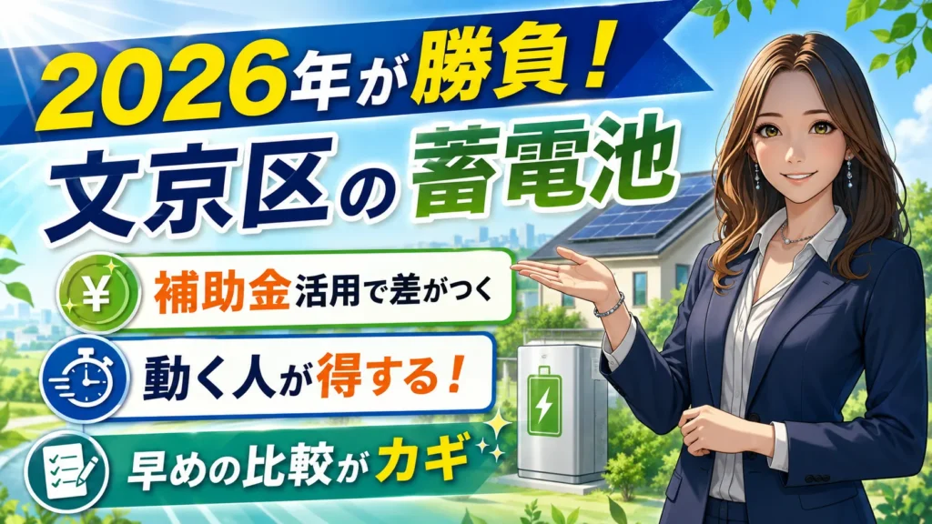 文京区の蓄電池設置は2026年が勝負と伝える画像。森川さんが補助金活用や早めの比較で得するポイントを案内している
