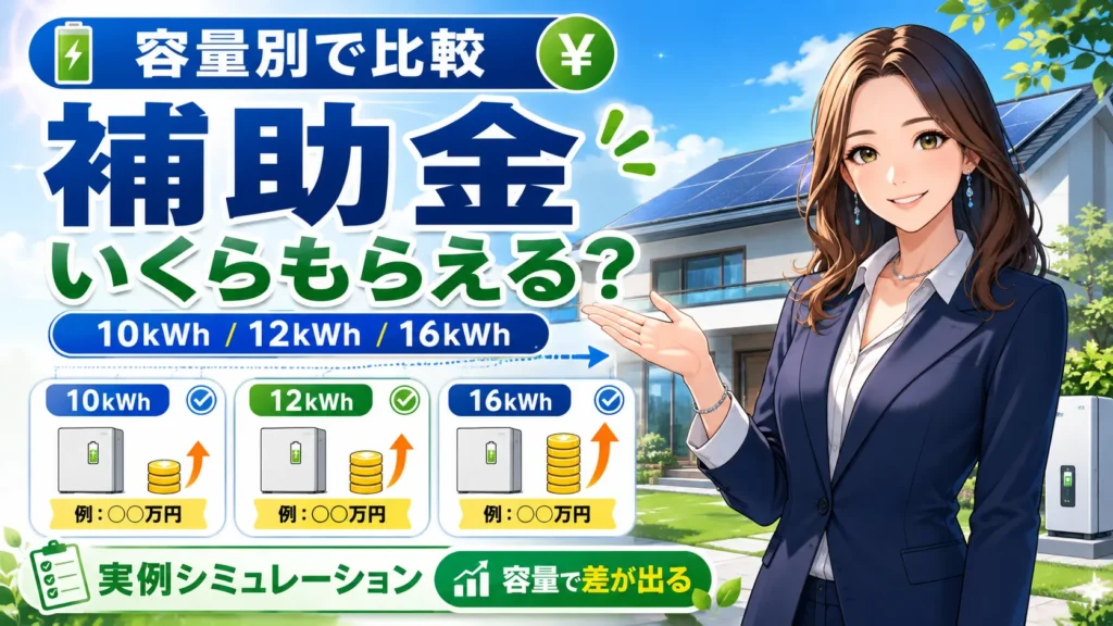 文京区の蓄電池補助金を容量別に比較する画像。森川さんが10kWh、12kWh、16kWhの実例シミュレーションを案内している