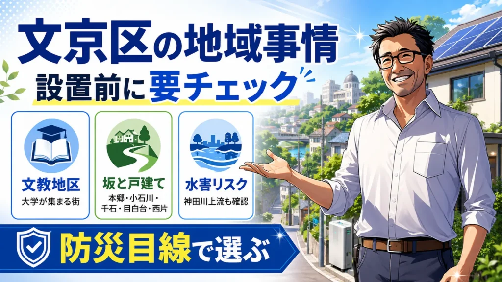 文京区で蓄電池を設置する前の地域事情を解説する画像。松本さんが文教地区、坂と戸建て、水害リスクを防災目線で案内している