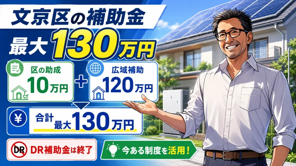 文京区の蓄電池補助金を解説する画像。松本さんが区の助成10万円と広域補助120万円で最大130万円、DR補助金は終了と案内している