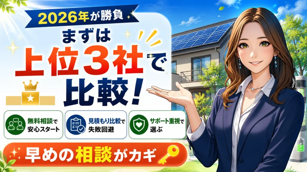 文京区で蓄電池を設置するなら上位3社で比較と伝えるまとめ画像。森川さんが無料相談、見積もり比較、安心サポートを案内している