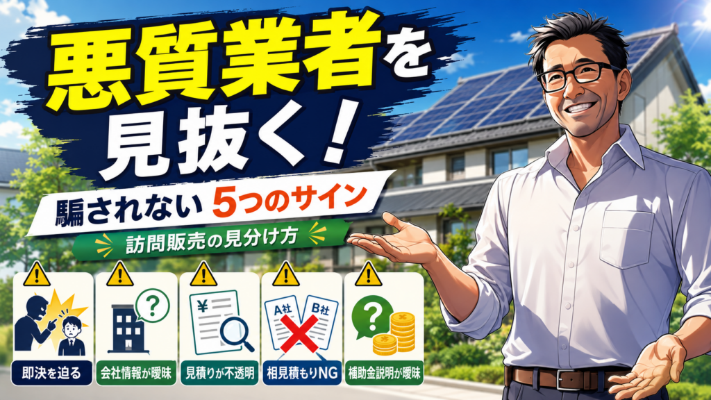 ECODA検討時に知っておきたい悪質な訪問販売業者の見分け方を解説する画像。松本さんが5つの注意サインを案内している。