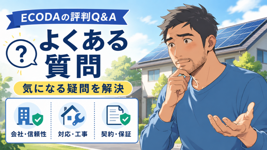 ECODAの評判に関するよくある質問をまとめたアイキャッチ画像。佐藤さんが右側で案内し、会社の信頼性、対応や工事、契約や保証の疑問をわかりやすく示している。