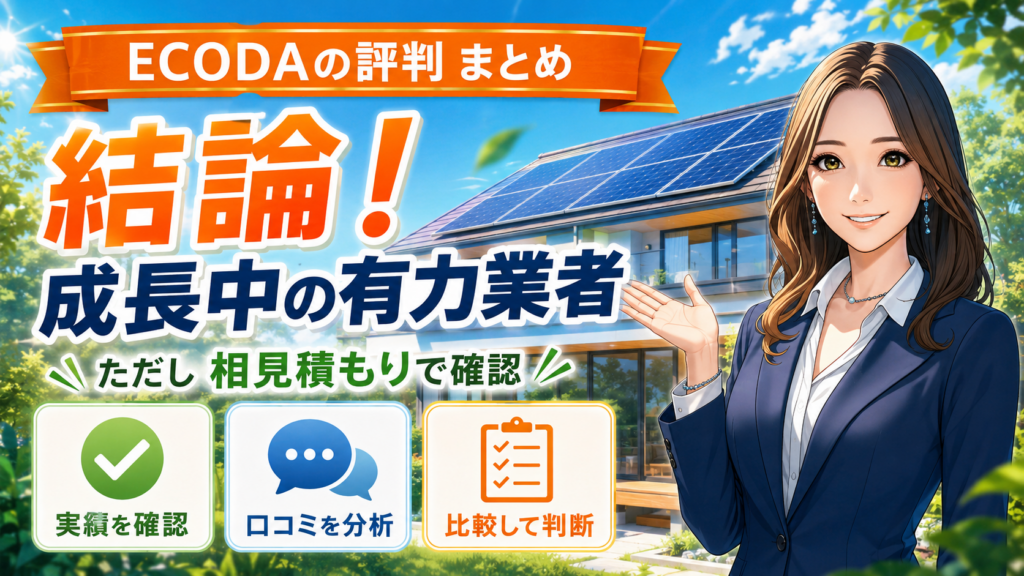 ECODAの評判まとめを示す画像。森川さんが太陽光パネルの住宅を背景に、成長中の有力業者として実績確認、口コミ分析、相見積もりの重要性を案内。