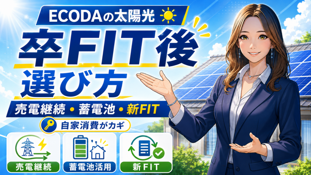 ECODAの太陽光発電における卒FIT後の選び方を紹介するアニメ風インフォグラフィック。右側に森川さん、左側に売電継続・蓄電池活用・新FITの選択肢と、自家消費がカギという要点を大きく分かりやすく示した横長バナー。