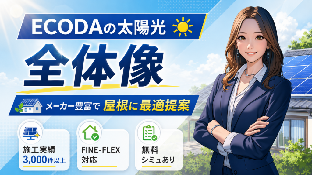 ECODAの太陽光発電サービス全体像を紹介するアニメ風インフォグラフィック。右側にスーツ姿の森川さん、左側に全体像の見出し、メーカーの多様性、屋根に最適提案、施工実績3000件以上、FINE-FLEX対応、無料シミュありを大きく表示した横長バナー。