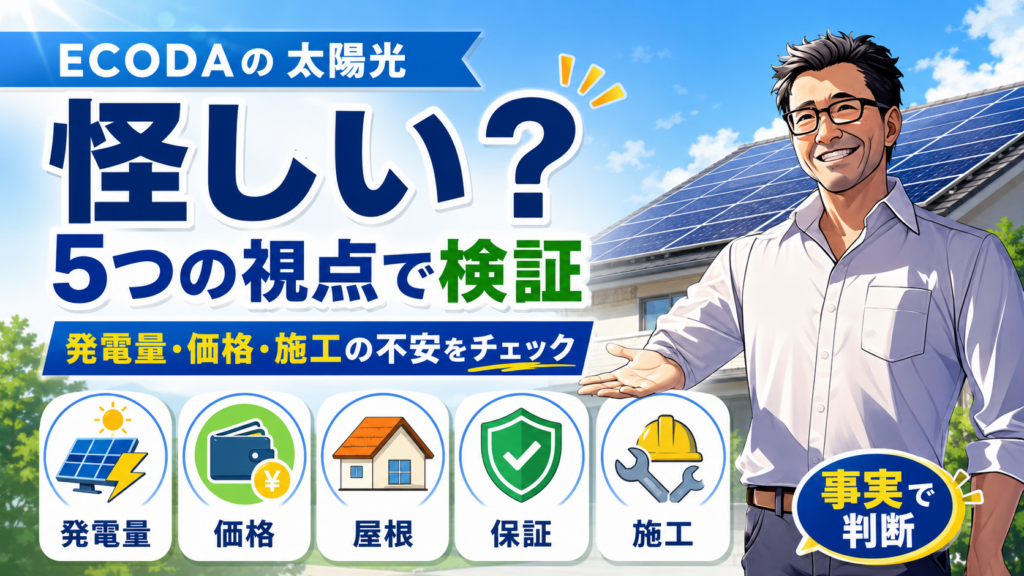 ECODAの太陽光発電は怪しいのかを5つの視点で検証するアニメ風インフォグラフィック。右側に松本さん、左側に「怪しい？」「5つの視点で検証」の大見出しと、発電量・価格・屋根・保証・施工を事実で判断するポイントを大きく表示した横長バナー。