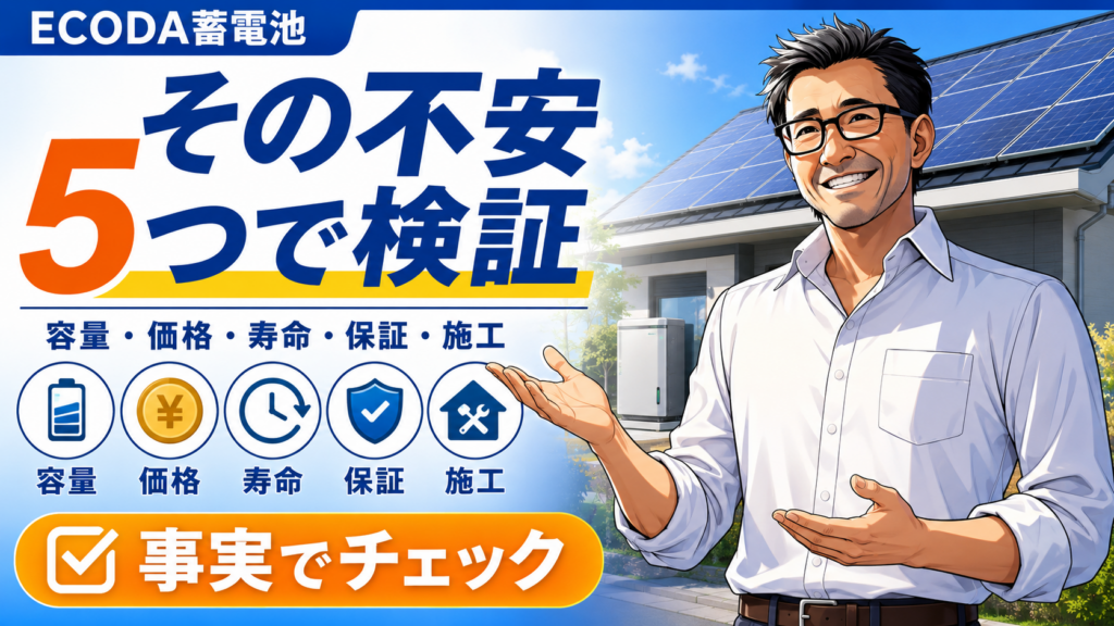 ECODA蓄電池の不安を容量・価格・寿命・保証・施工の5項目で事実確認する画像。松本さんが右側で蓄電池選びを案内している
