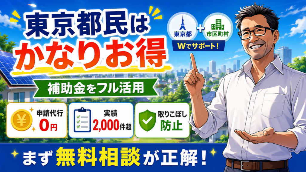 ECODAの補助金サポート総まとめを紹介するアイキャッチ画像。左側に東京都民はかなりお得、補助金をフル活用、申請代行0円、実績2000件超、取りこぼし防止と表示し、右側で眼鏡をかけた男性が笑顔で案内している。