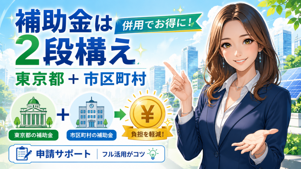 補助金サポートの全体像を紹介するアイキャッチ画像。左側に2段構えの補助金と併用のメリット、申請サポートの要点を大きく表示し、右側にスーツ姿の女性が笑顔で案内している。