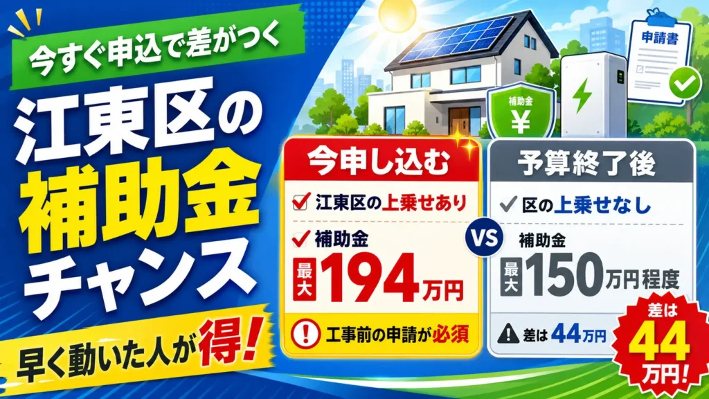 江東区の蓄電池補助金について、今申し込むと最大194万円、予算終了後は最大150万円程度となる44万円差を比較した画像