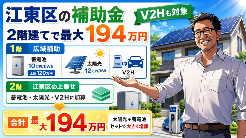 松本さんが江東区の蓄電池補助金を2階建て構造で解説し、太陽光と蓄電池、V2Hの併用で最大194万円になる仕組みを示す画像