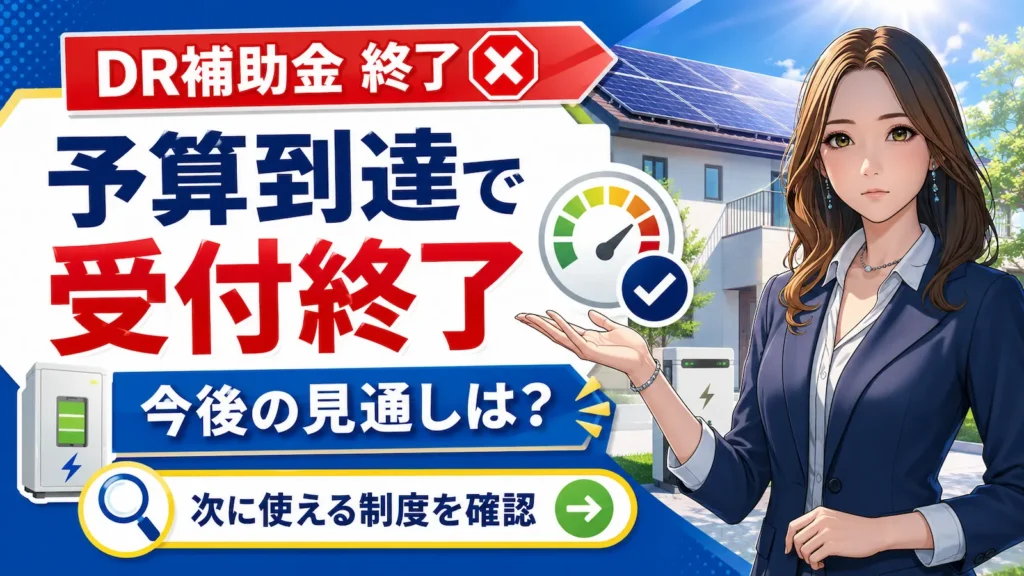 森川さんが右側で案内し、国のDR補助金が予算到達で受付終了したことと、今後の見通しや次に使える制度の確認を促す画像