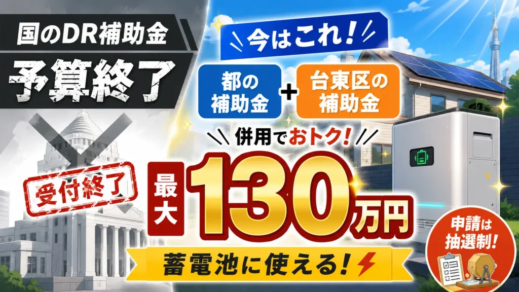 国のDR補助金が予算終了し、現在は都と台東区の補助金併用で蓄電池に最大130万円が使えることを示す比較バナー画像