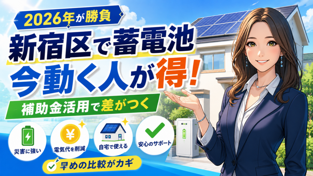 森川さんが新宿区で蓄電池を設置するなら2026年が勝負と案内し、補助金活用で今動く人が得する理由を伝える画像