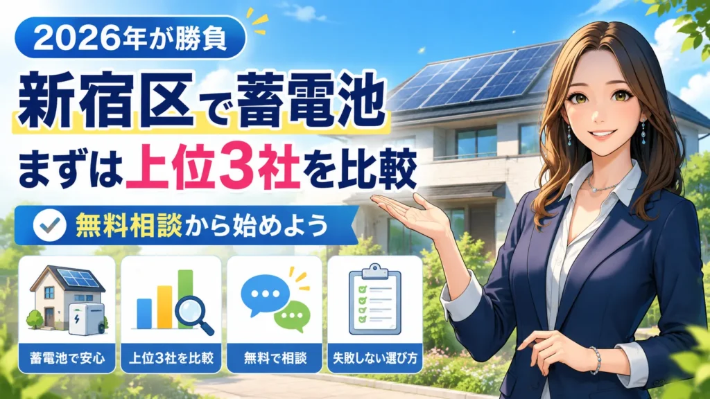 森川さんが右側で案内し、新宿区で蓄電池を設置するなら2026年が勝負で、まずは上位3社を比較して無料相談から始めるべきと伝える画像