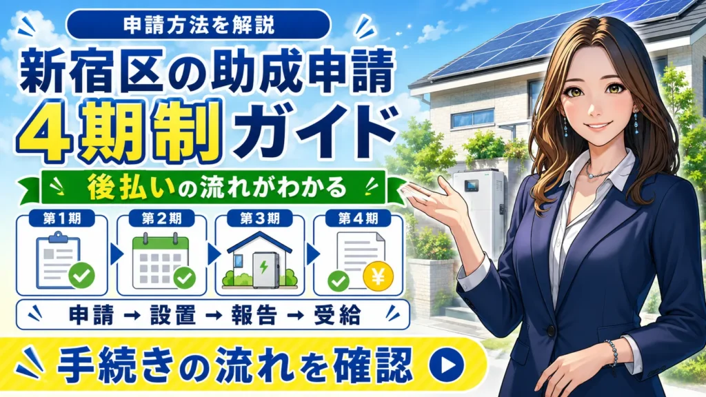 森川さんが右側で案内し、新宿区の蓄電池助成の申請方法を4期制で解説し、後払いの流れや手続きの順番をわかりやすく示した画像