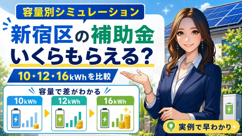 森川さんが右側で案内し、新宿区の蓄電池補助金を容量別に比較、10kWh・12kWh・16kWhでいくらもらえるかを解説する画像