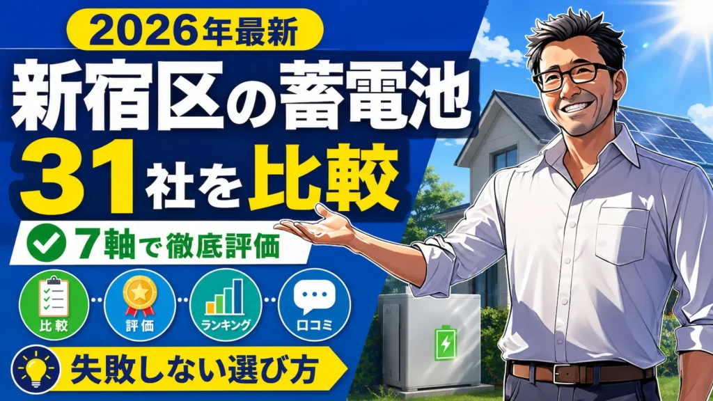 松本さんが右側で案内し、新宿区の蓄電池業者31社を比較、7軸評価や口コミ・ランキングをもとに失敗しない選び方を紹介する画像