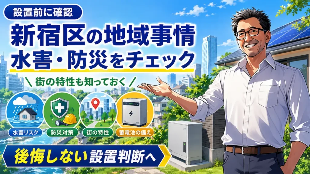 松本さんが右側で案内し、新宿区で蓄電池を設置する前に、水害リスク・防災対策・街の特性を確認すべきと伝える画像