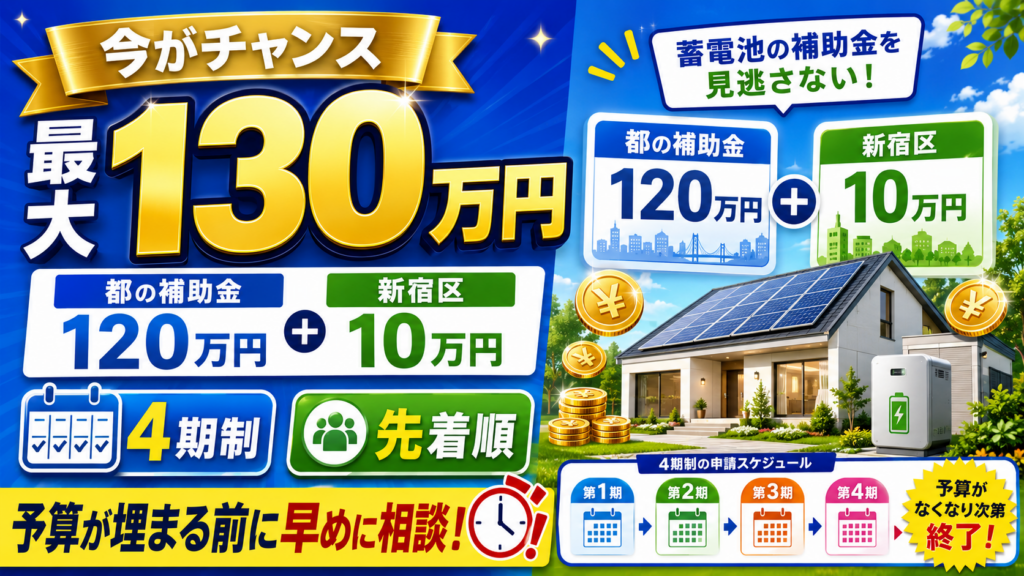 新宿区の蓄電池補助金について、都の補助金120万円と新宿区10万円で最大130万円、4期制・先着順で早めの相談を促す画像