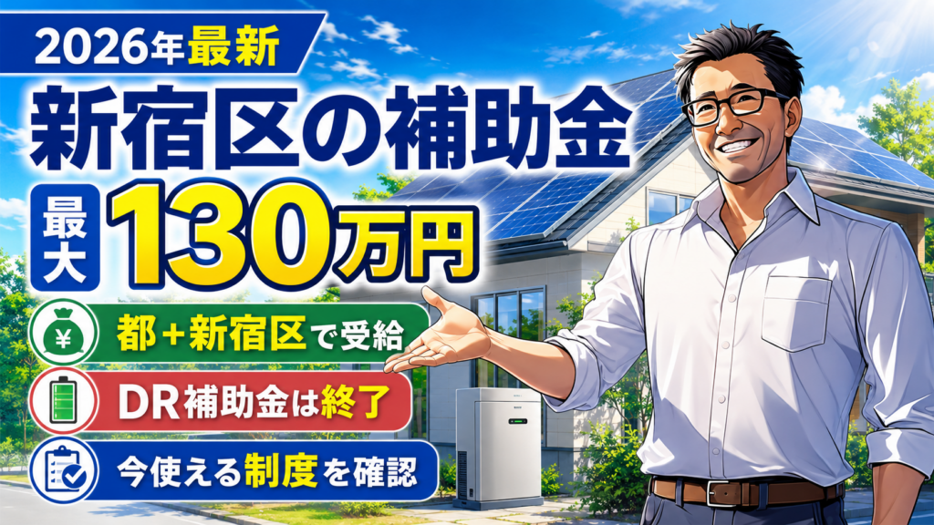 松本さんが右側で案内し、新宿区の蓄電池補助金は都と新宿区で最大130万円、国のDR補助金は終了し今使える制度を確認すべきと伝える画像