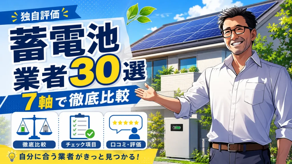 松本さんが墨田区の蓄電池業者30選を案内し、独自評価による7軸比較、チェック項目、口コミ評価で業者選びを解説する画像