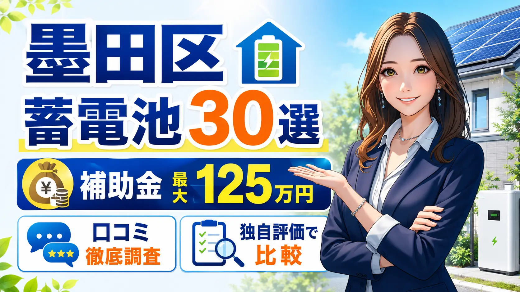 森川さんが墨田区の蓄電池おすすめ30選を案内し、補助金最大125万円、口コミ徹底調査、独自評価での比較を紹介する画像