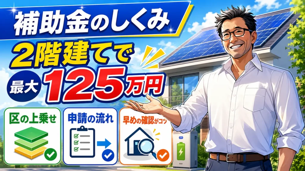 松本さんが墨田区の蓄電池補助金のしくみを案内し、2階建てで最大125万円、区の上乗せと申請の流れ、早めの確認の重要性を紹介する画像