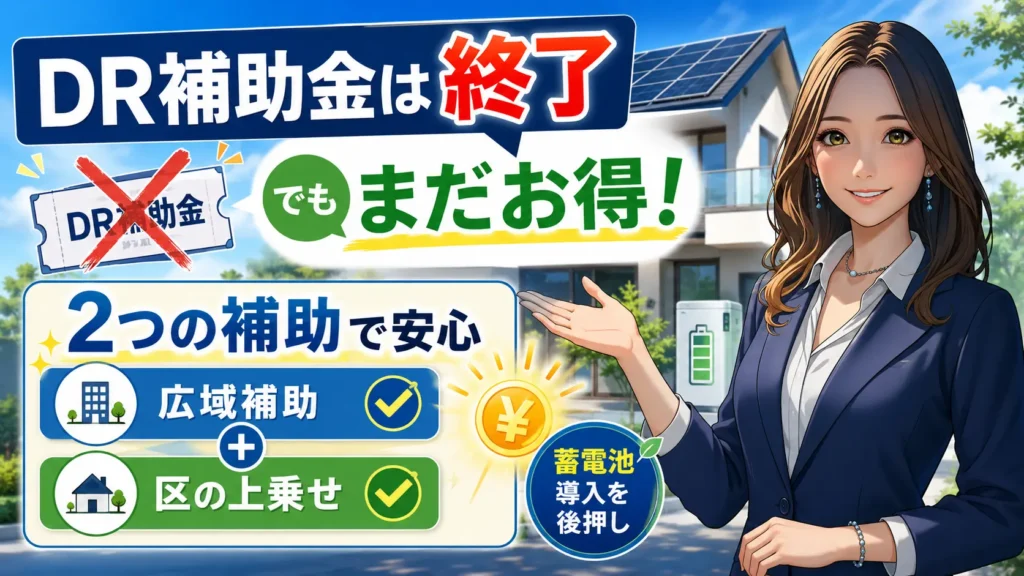 森川さんが国のDR補助金終了後も、墨田区では広域補助と区の上乗せで蓄電池導入がまだお得な理由を案内する画像