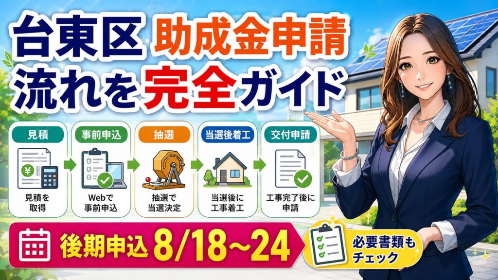 森川さんが台東区の脱炭素推進助成金の申請フローを案内し、見積、事前申込、抽選、当選後着工、交付申請の流れと後期申込期間8月18日から24日を示す画像