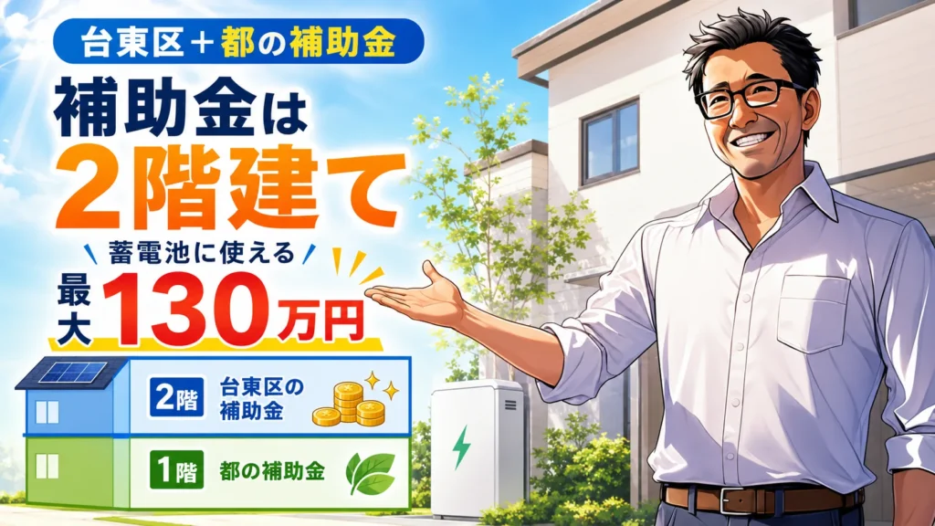 松本さんが台東区の蓄電池補助金は2階建て構造だと解説し、都の補助金と区の補助金を組み合わせて最大130万円使えることを示したアイキャッチ画像