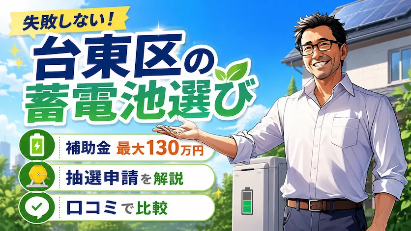 松本さんが台東区の蓄電池選びを案内し、補助金最大130万円、抽選申請の注意点、口コミ比較のポイントを住宅用蓄電池とともに示すアイキャッチ画像