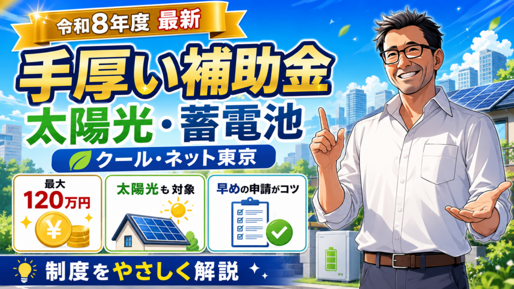 令和8年度の太陽光・蓄電池補助金を解説するアイキャッチ画像。左側に手厚い補助金、最大120万円、太陽光も対象、早めの申請がコツと大きく表示し、右側で眼鏡をかけた男性が笑顔で案内している。