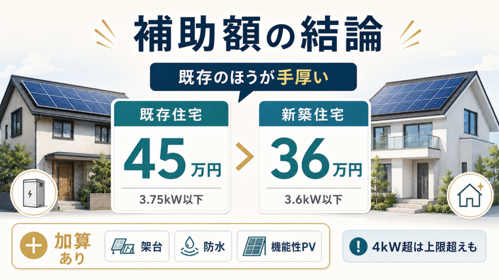 太陽光パネル付きの既存住宅と新築住宅を比較し、東京都の補助額は既存住宅が上限45万円、新築住宅が上限36万円で、架台・防水・機能性PVの加算や4kW超では上限を超える場合があることを示す図解。