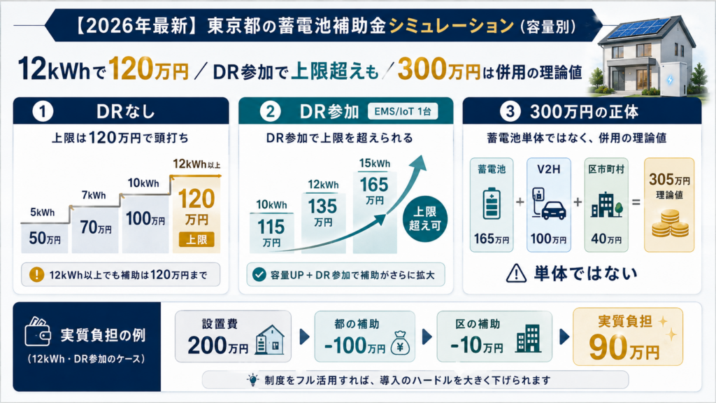 蓄電容量別の東京都補助金を比較し、DR不参加は12kWhで上限120万円、DR参加は15kWhで165万円と図解。300万円超は蓄電池、V2H、区市町村補助を併用した理論値で、設置費200万円の実質負担例は90万円と示している。