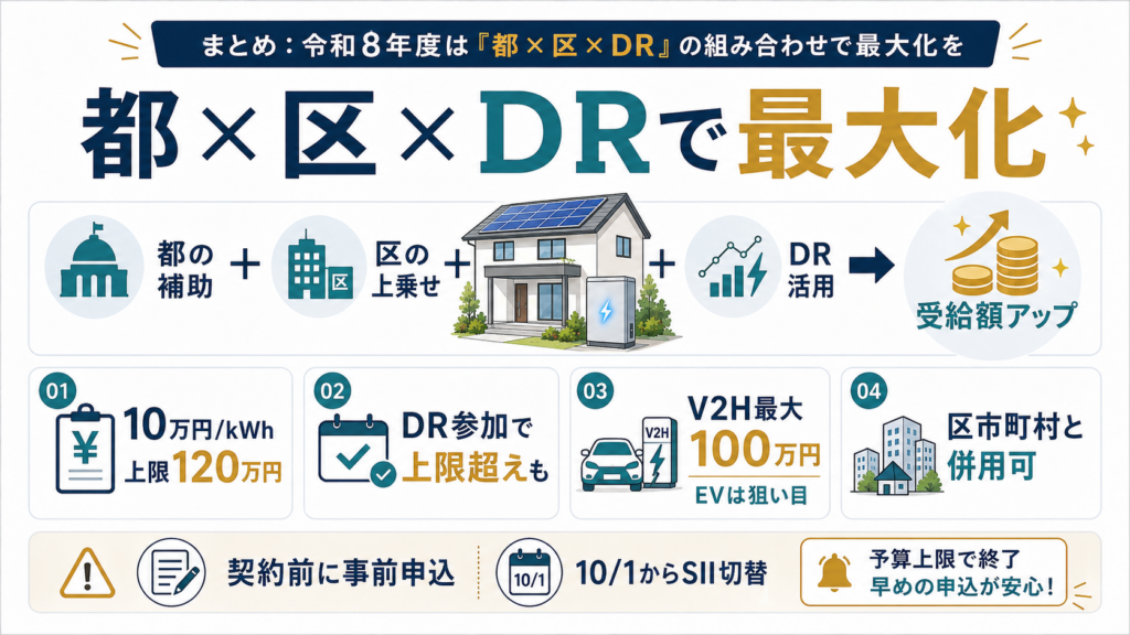 東京都の蓄電池補助を、都の助成、区市町村の上乗せ、DR参加で最大化する考え方を図解。10万円／kWh・上限120万円、V2H最大100万円、契約前の事前申込、10月1日のSII登録機器切替、予算終了前の早期申請を示している。