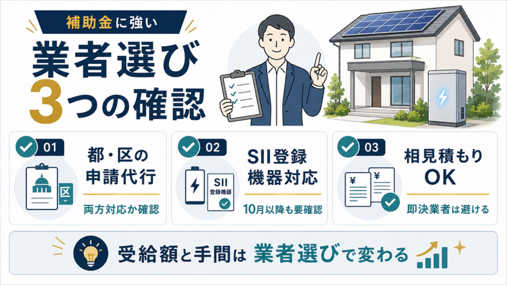 太陽光発電住宅と蓄電池、担当者を配置し、補助金に強い業者を選ぶ3つの確認点を図解。東京都と区市町村の申請代行、令和8年度のSII登録機器への対応、相見積もりを受け入れる姿勢が重要と示している。