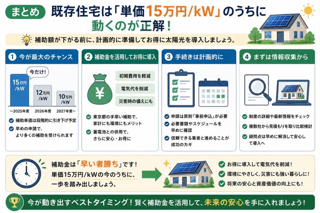既存住宅は太陽光補助金が単価15万円/kWのうちに動くべきと示し、補助金の活用、事前申込の準備、制度確認、複数社の見積もり比較を早めに進める重要性をまとめた図解。