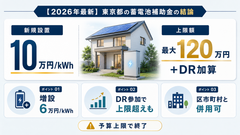 太陽光パネル付き住宅と家庭用蓄電池を中央に配置し、新規設置は10万円／kWh、DR不参加時は最大120万円、増設は6万円／kWhと説明。DR参加による上限超え、区市町村との併用、予算上限で受付終了する注意点も示している。